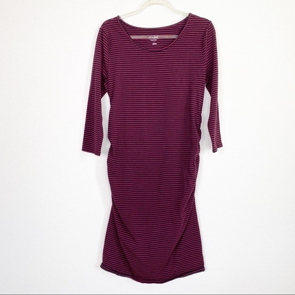 Isabel Maternity Maroon Striped Midi Dress - Picture 1 of 6